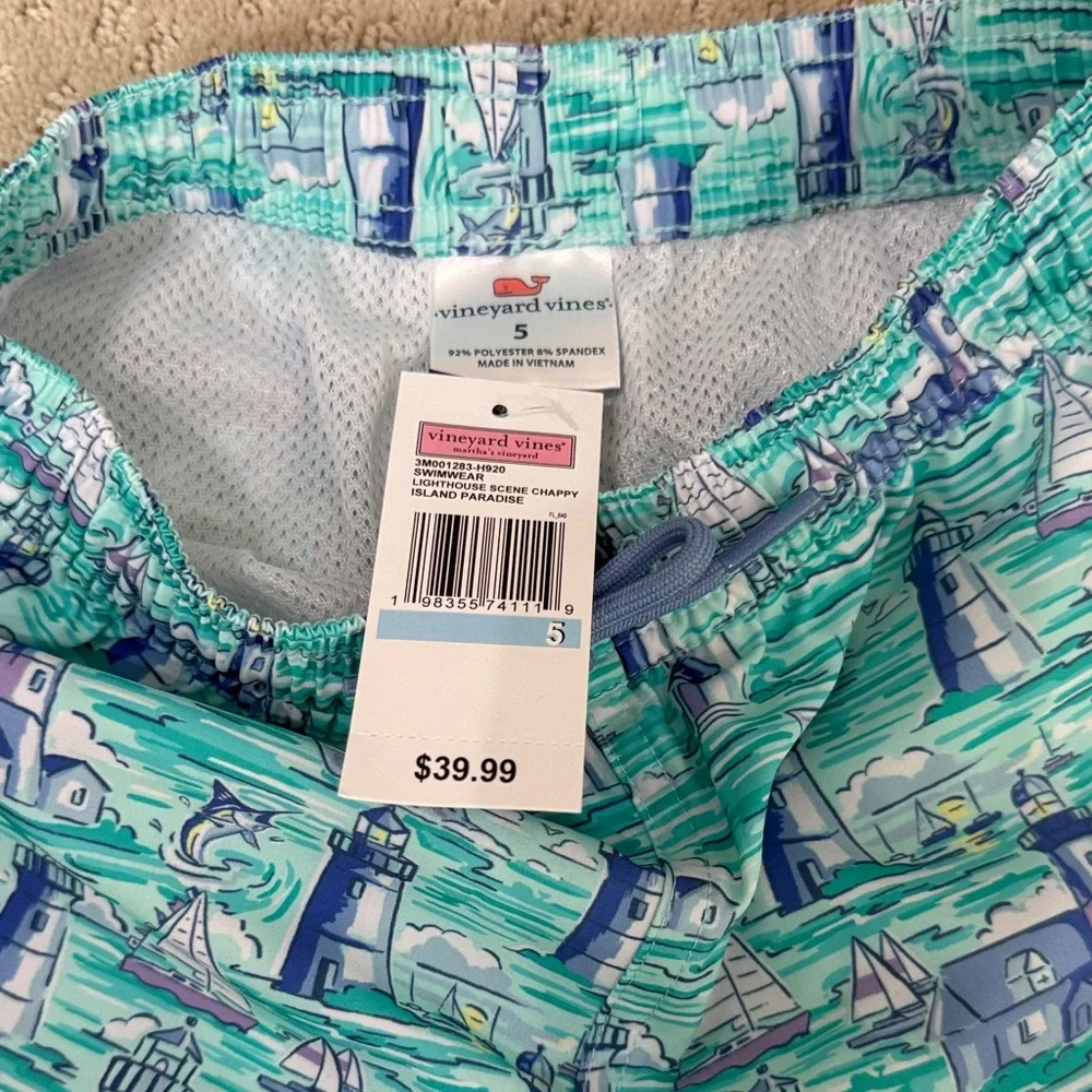 Vineyard Vines Kids Lighthouse Print Swim Trunks in Aqua & Blue